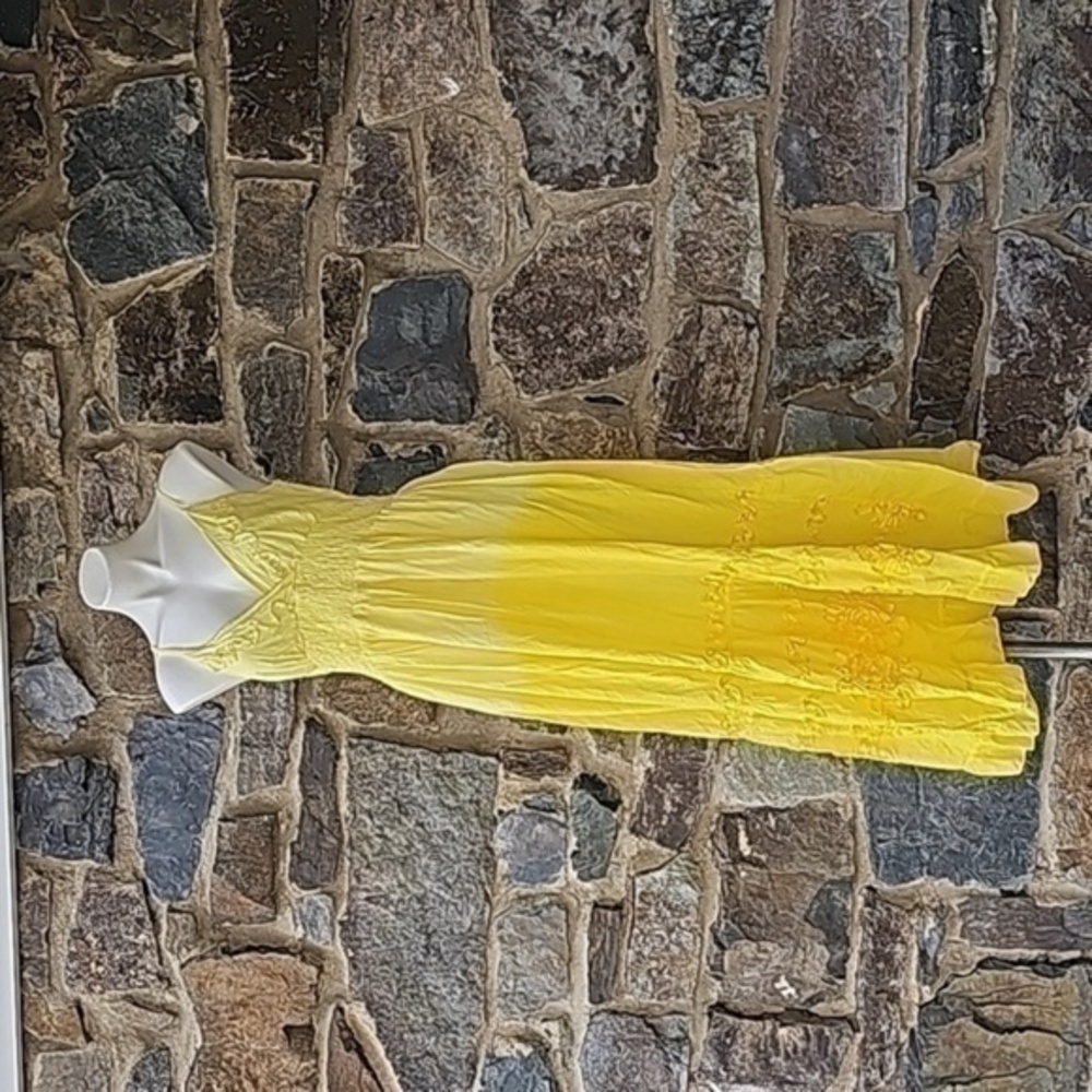 Women's Pink Apple Fit n' Flare Yellow Dip Dye Long Dress Sz XL Boho Tiered